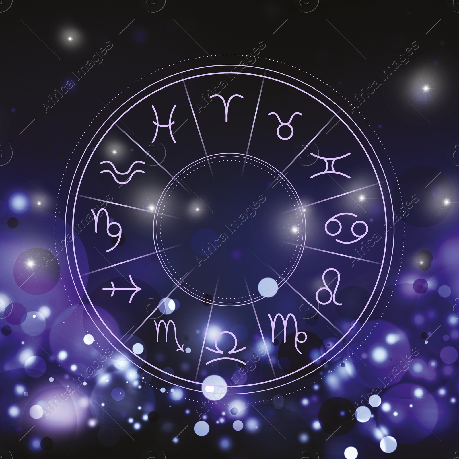 Illustration of  zodiac wheel with astrological signs on dark background. Bokeh effect