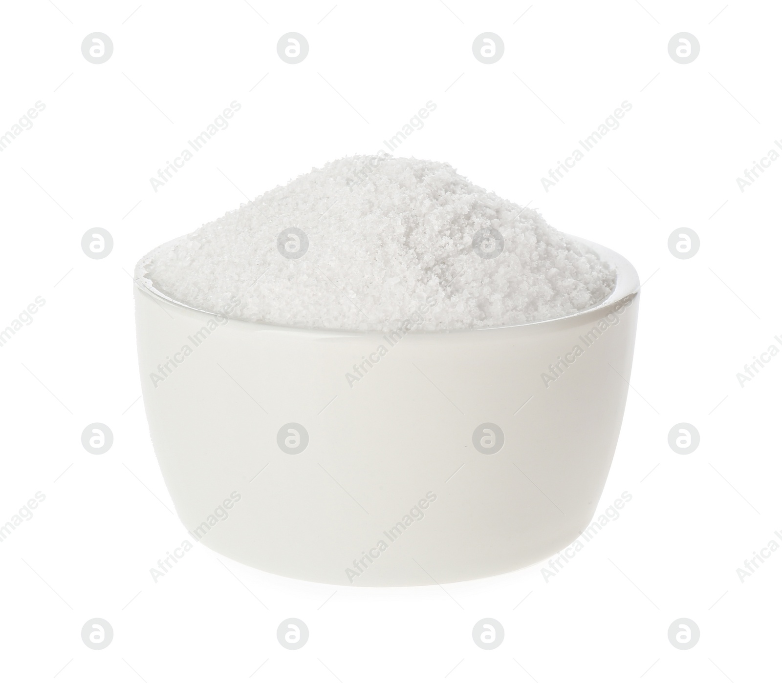 Photo of Bowl with natural salt isolated on white