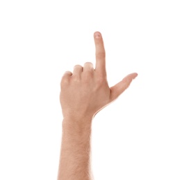 Photo of Man pointing at something on white background, closeup of hand