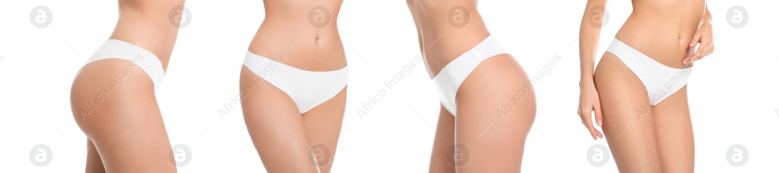 Image of Collage with photos of slim young woman after epilation on white background, closeup. Banner design