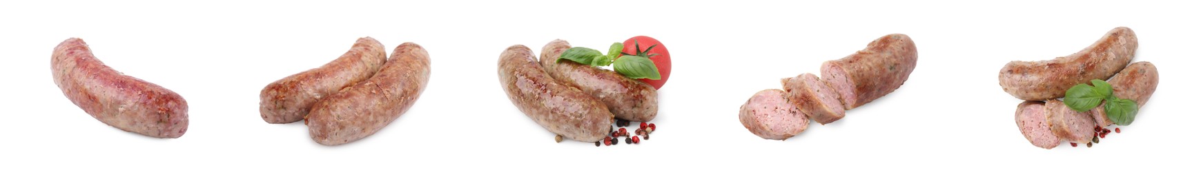 Image of Tasty homemade sausages isolated on white, set