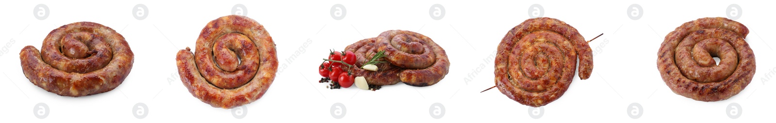 Image of Tasty homemade sausages isolated on white, set