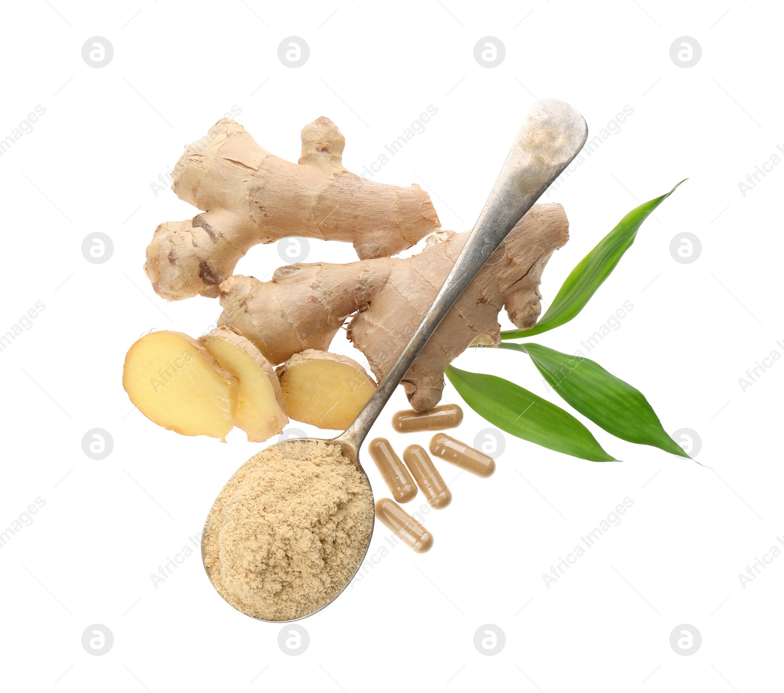 Photo of Dry, fresh and capsuled ginger isolated on white, top view