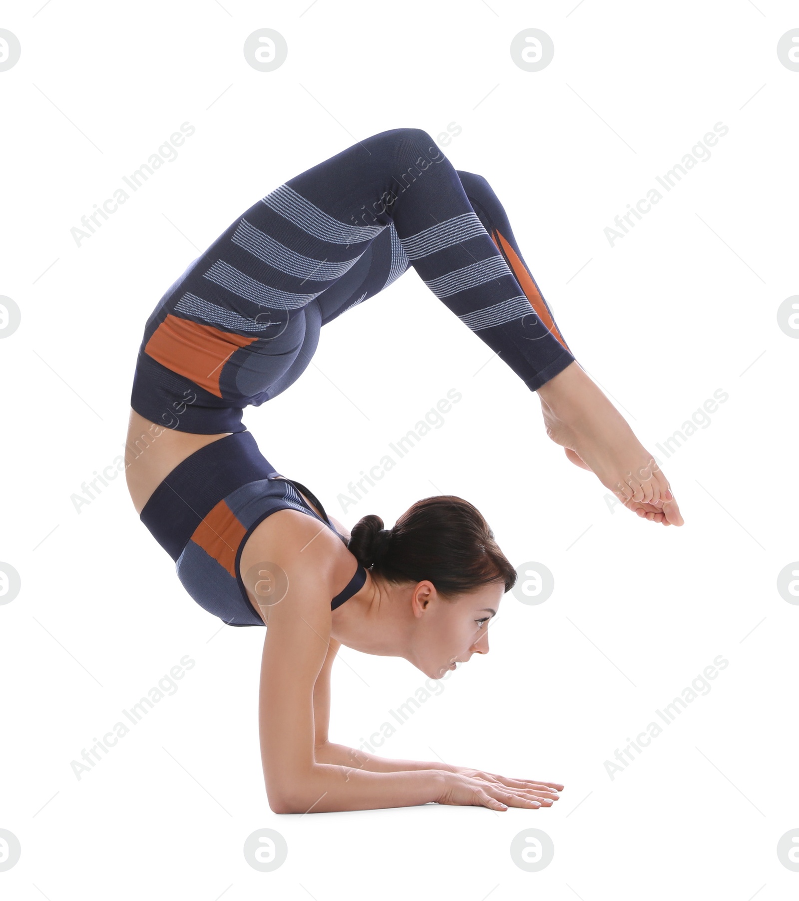 Photo of Professional young acrobat exercising on white background