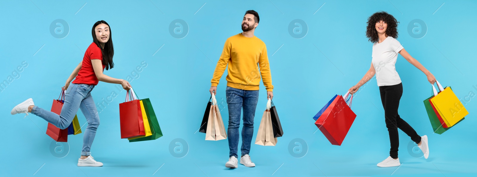 Image of Happy people with shopping bags on light blue background, set with photos