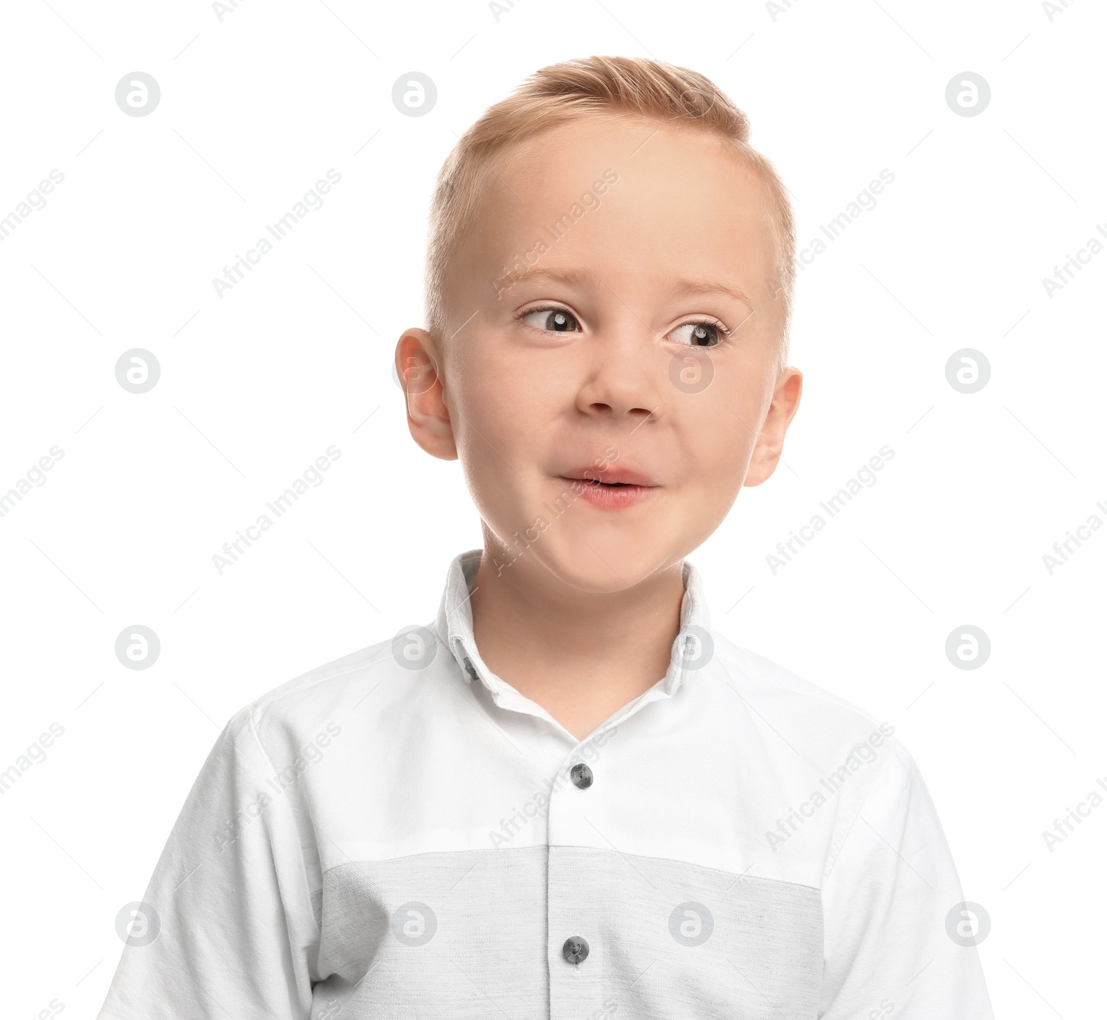 Photo of Portrait of cute little boy on white background