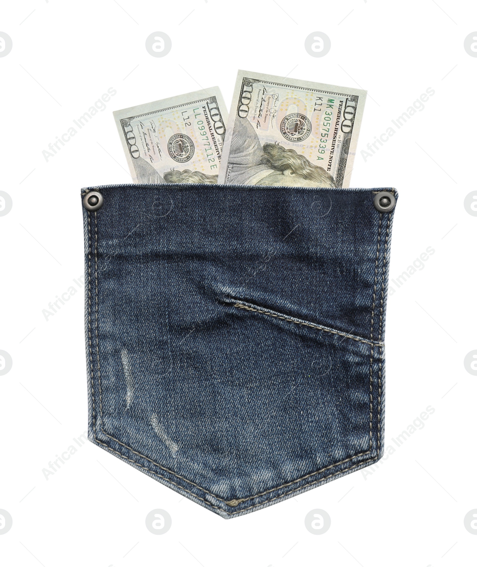 Image of Jeans pocket and dollar banknotes isolated on white. Spending money