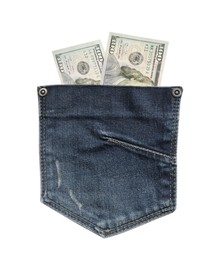 Jeans pocket and dollar banknotes isolated on white. Spending money