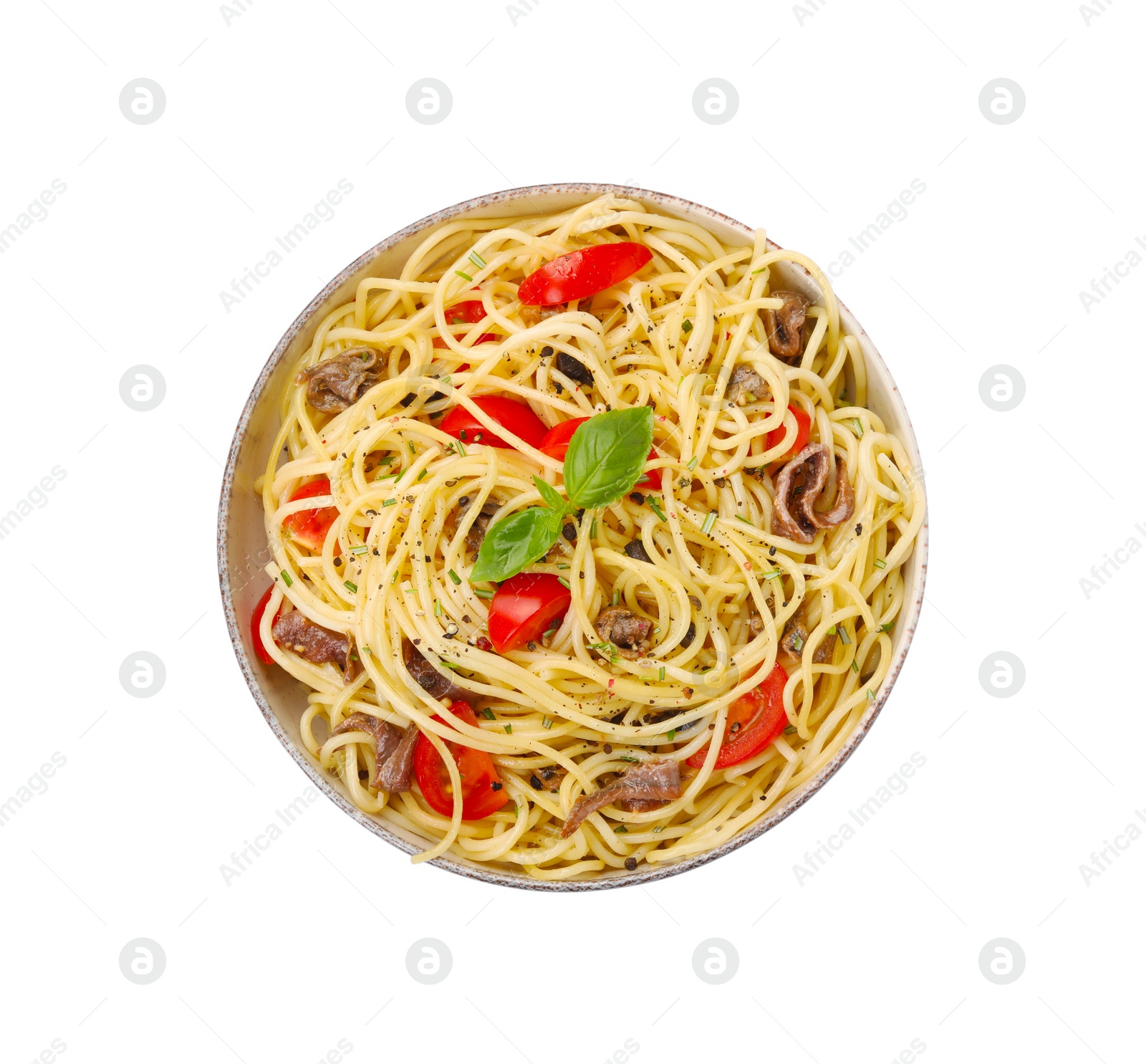 Photo of Delicious pasta with anchovies, tomatoes and spices isolated on white, top view