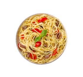 Photo of Delicious pasta with anchovies, tomatoes and spices isolated on white, top view
