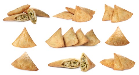 Set with crispy delicious samosas on white background