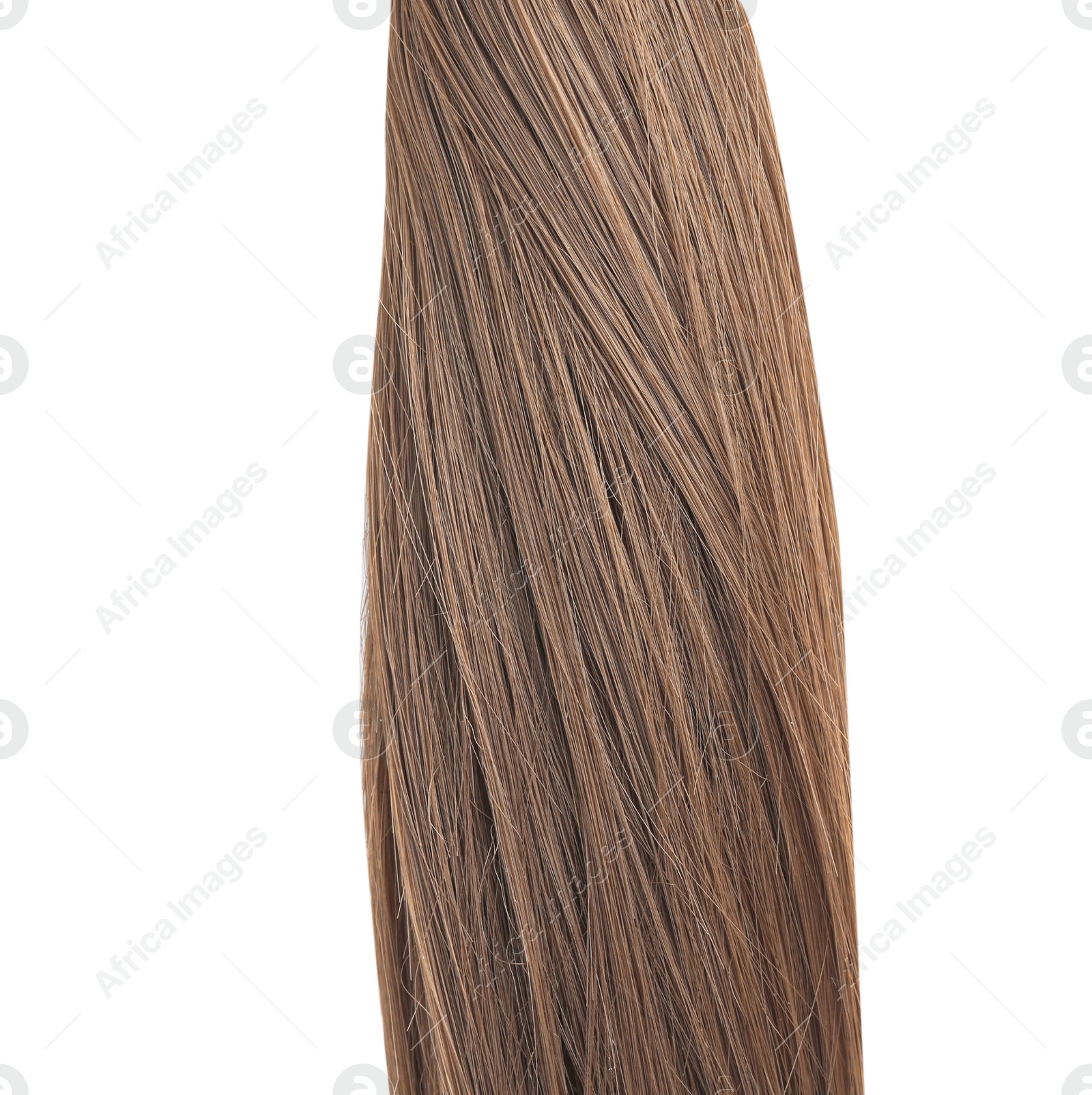 Photo of Beautiful light brown hair on white background, top view. Hairdresser service