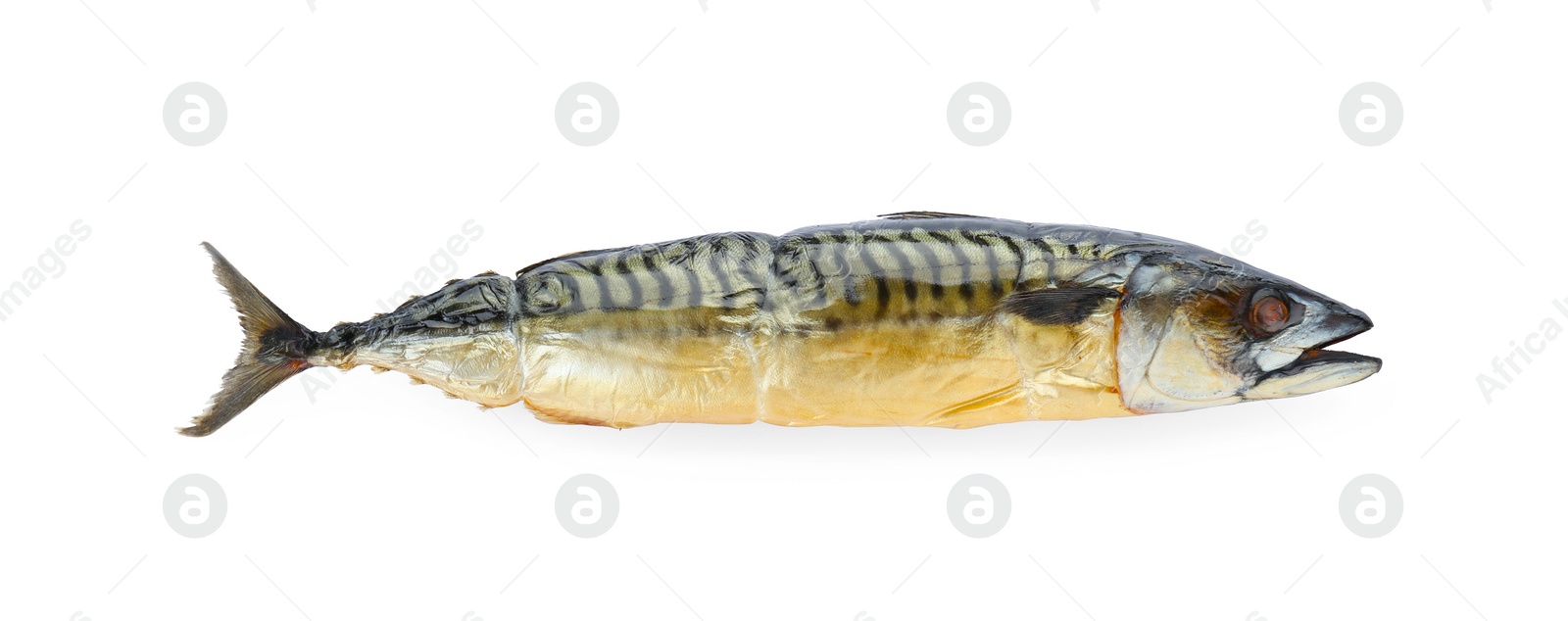 Photo of Delicious smoked mackerel isolated on white, top view