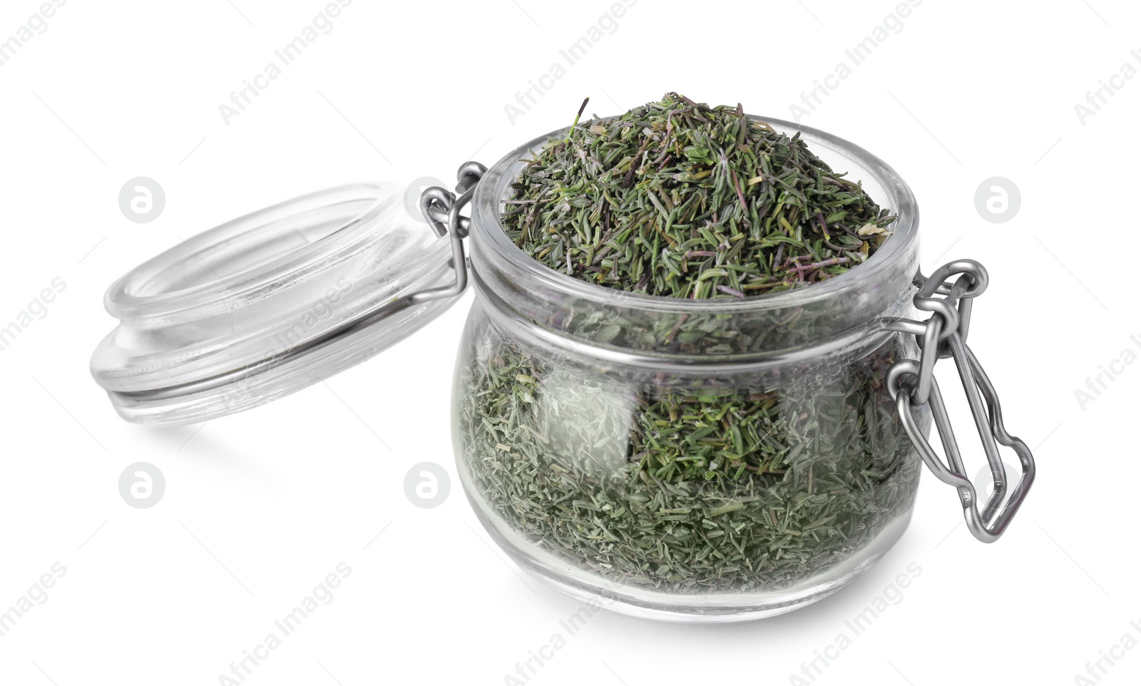 Photo of Jar of dried thyme isolated on white