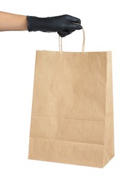 Photo of Woman holding shopping paper bag on white background