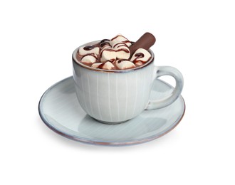 Cup of delicious hot chocolate with marshmallows isolated on white