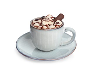 Photo of Cup of delicious hot chocolate with marshmallows isolated on white