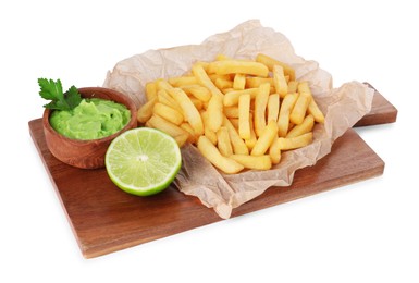 Photo of Serving board with delicious french fries, avocado dip and lime isolated on white