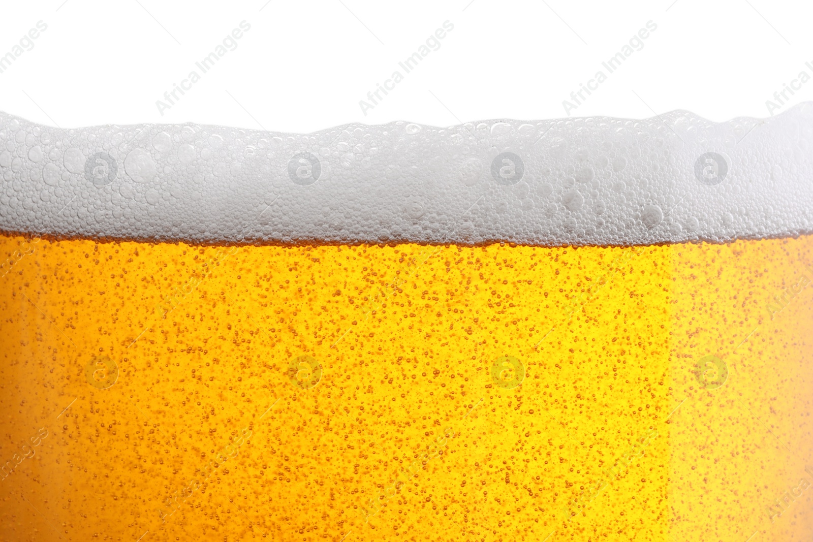 Photo of Tasty beer with foam in glass, closeup