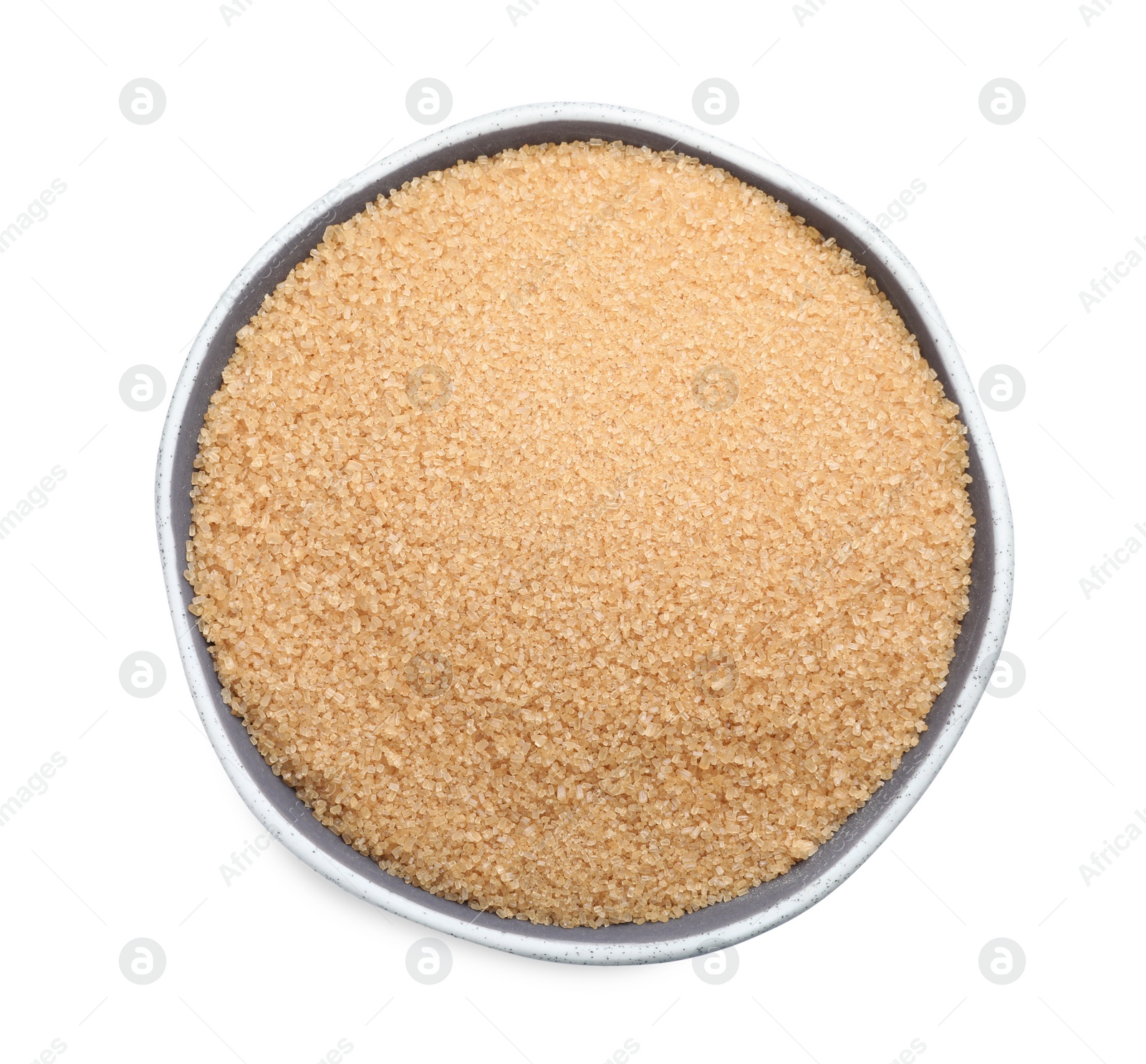 Photo of Brown sugar in bowl isolated on white, top view