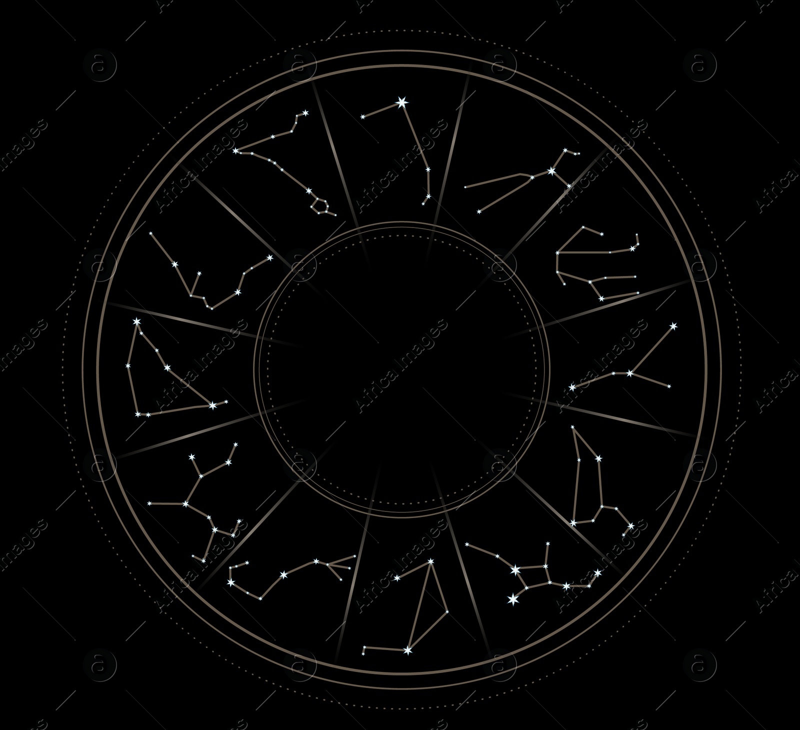 Illustration of  zodiac wheel with astrological signs on black background