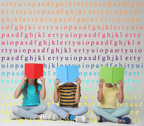 Image of Group of little children reading books on grey background 