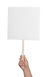 Man holding blank protest sign on white background, closeup