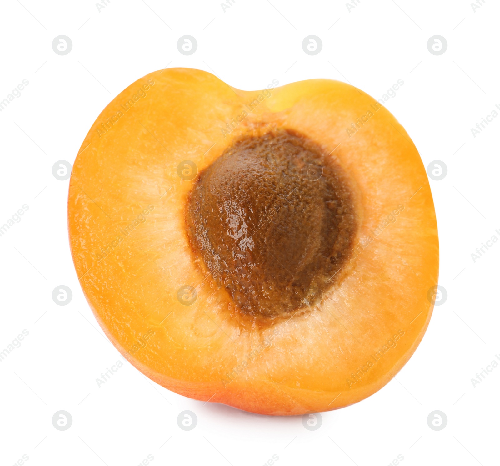 Photo of Half of delicious ripe sweet apricot with kernel on white background