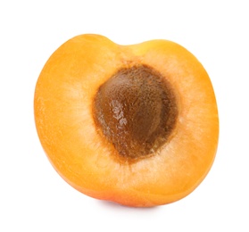 Photo of Half of delicious ripe sweet apricot with kernel on white background