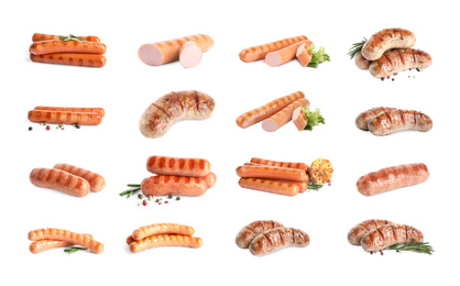 Image of Set of delicious grilled sausages on white background