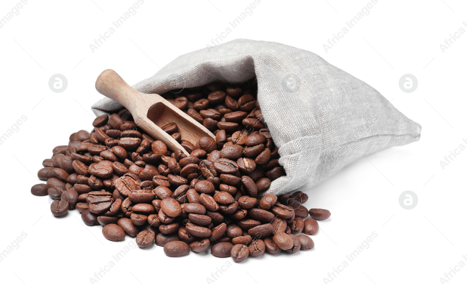 Photo of Sack and roasted coffee beans on white background