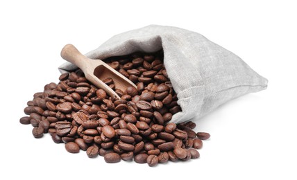 Sack and roasted coffee beans on white background