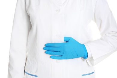 Photo of Doctor in uniform with medical glove on white background