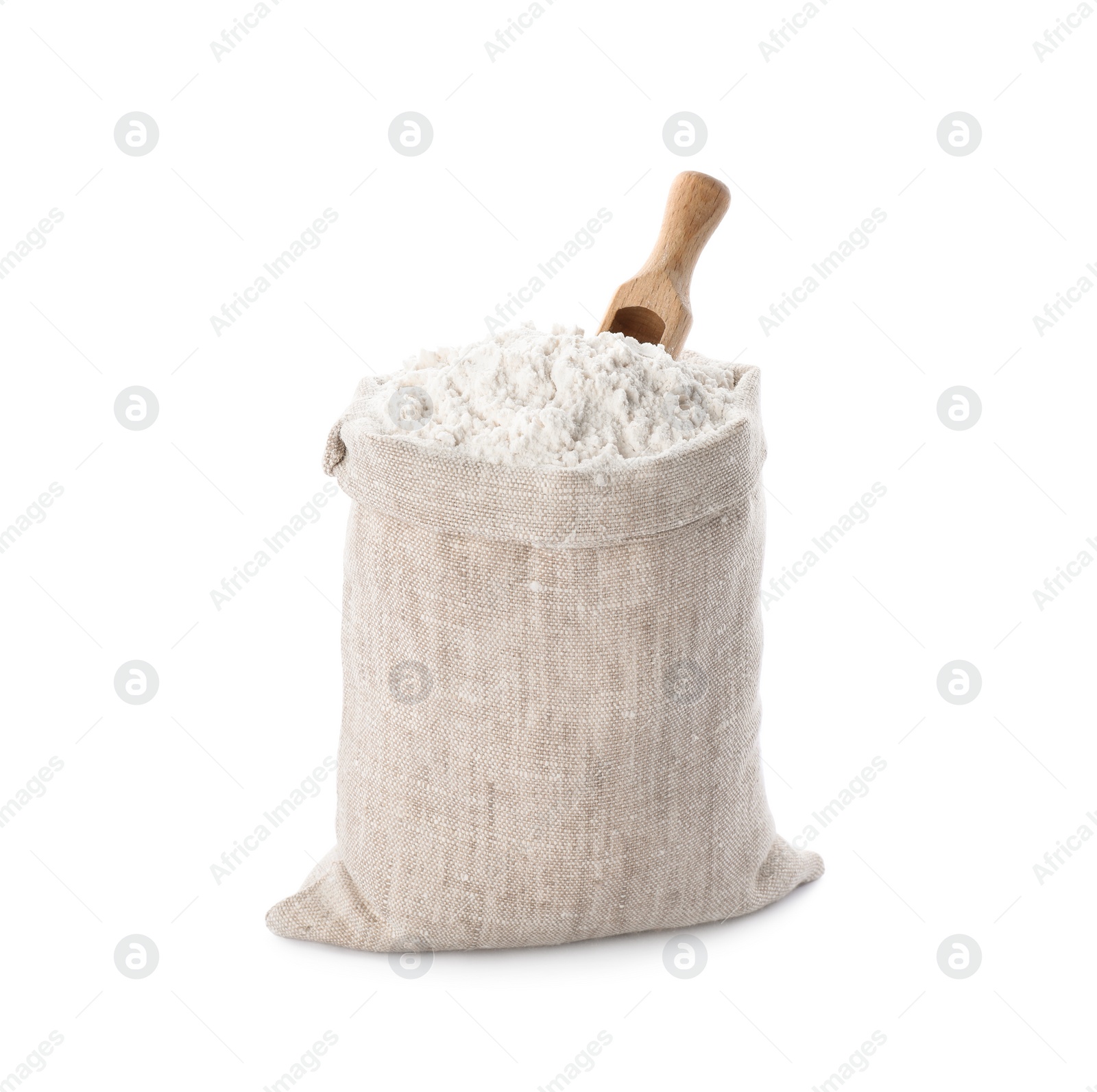 Photo of Sack with flour and scoop isolated on white