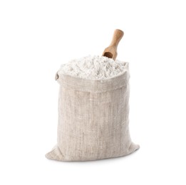 Sack with flour and scoop isolated on white