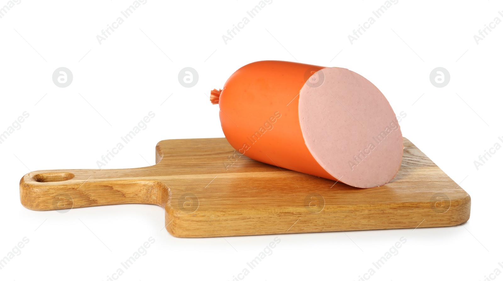 Photo of Wooden board with delicious boiled sausage isolated on white