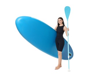 Photo of Happy woman with blue SUP board and paddle on white background