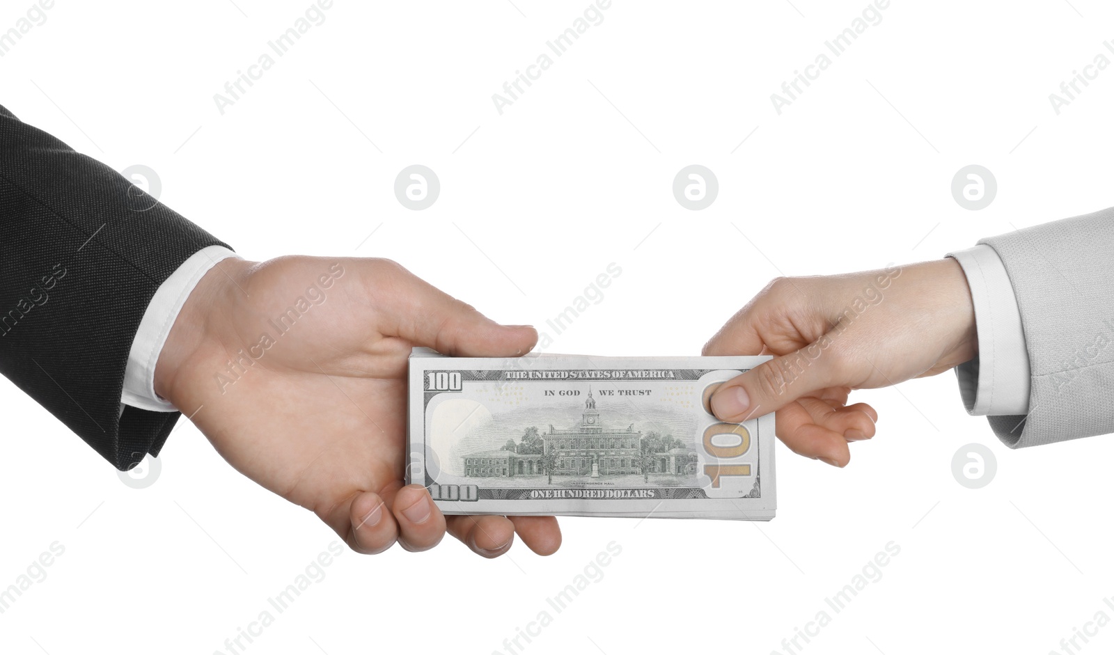 Photo of Money exchange. Man giving dollar banknotes to woman on white background, closeup