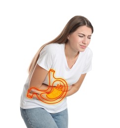 Image of Woman suffering from heartburn on white background. Stomach with lava symbolizing acid indigestion, illustration