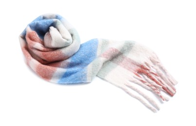 Photo of One beautiful checkered scarf on white background