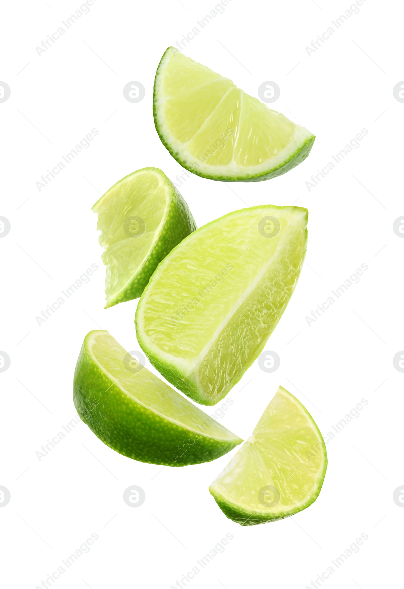 Image of Fresh lime slices falling on white background