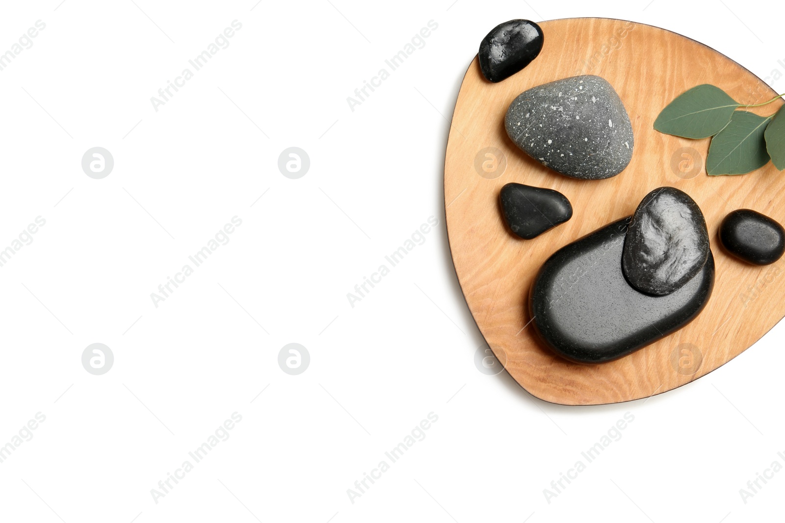 Photo of Flat lay composition with spa stones and space for text on white background