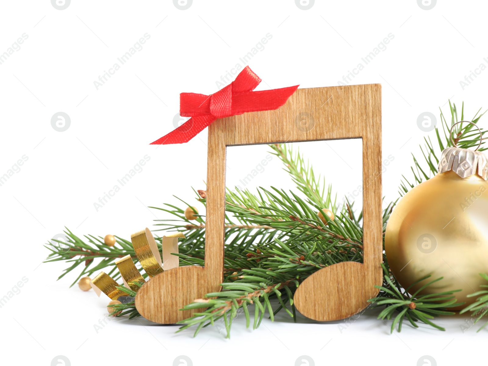 Photo of Music note with Christmas decorations isolated on white