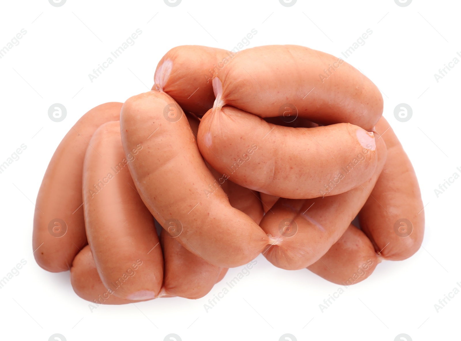 Photo of Tasty sausages isolated on white, top view. Meat product