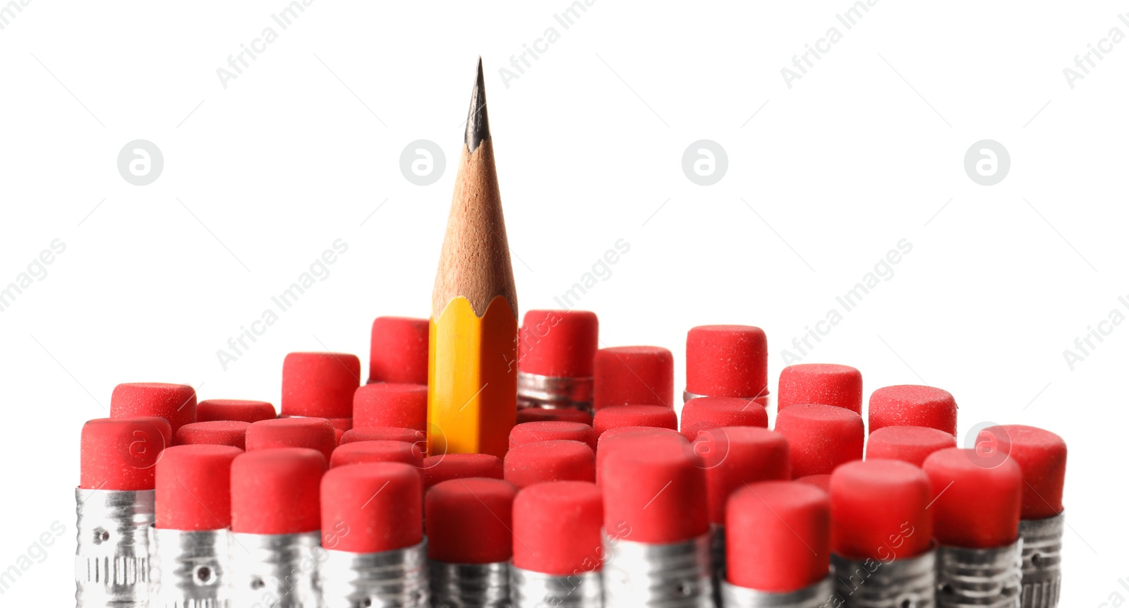 Photo of Sharp graphite pencil among others with erasers isolated on white