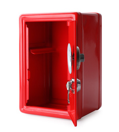 Photo of Open red steel safe isolated on white