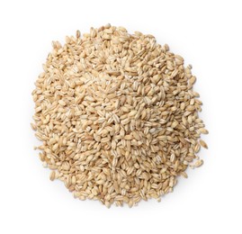 Photo of Pile of raw pearl barley isolated on white, top view