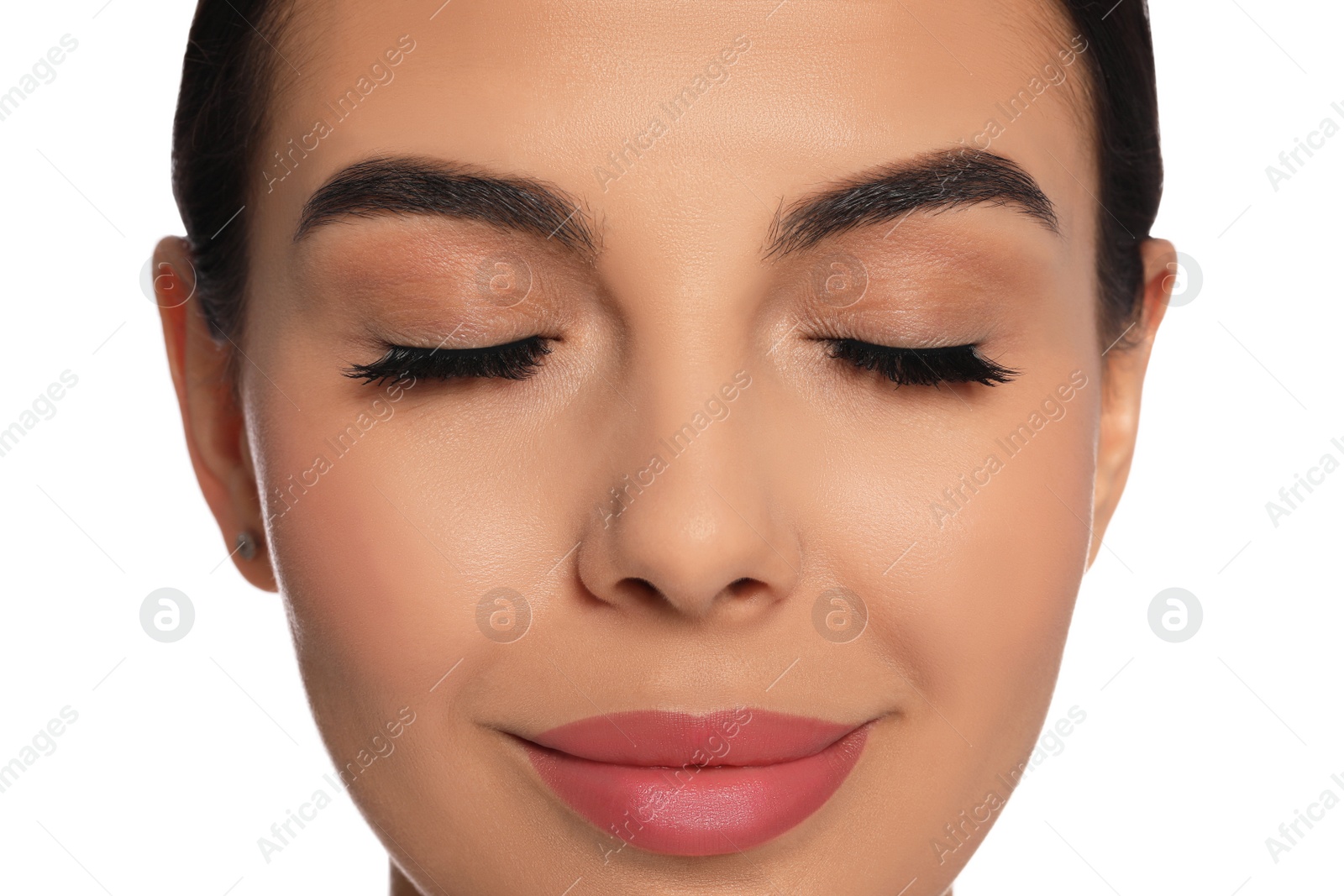 Photo of Beautiful young woman with long eyelashes on white background, closeup