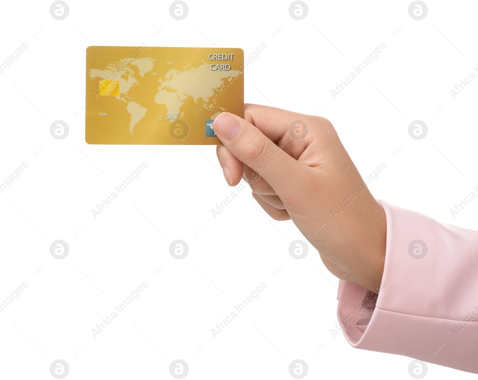 Photo of Woman holding credit card on white background