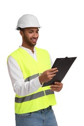 Engineer in hard hat holding clipboard on white background